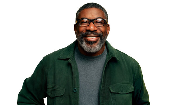 Smiling middle age African-American man wearing green shirt and glasses, isolated on white or transparent background