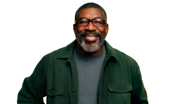 Smiling middle age African-American man wearing green shirt and glasses, isolated on white or transparent background