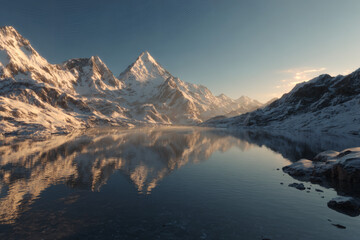Snow-capped mountains reflecting in a calm alpine lake