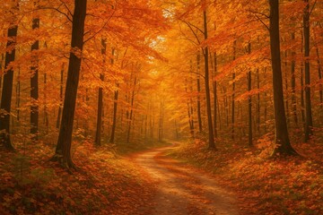 Obraz premium Vibrant autumn forest path with golden foliage and warm seasonal lighting