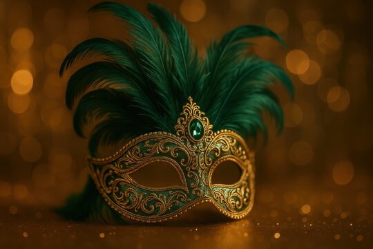 Elegant masquerade ball mask with emerald feathers and gold accents on bokeh background