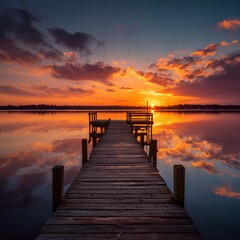 Fototapeta premium A serene view of a pier extending into a tranquil lake at sunset, reflecting the sky