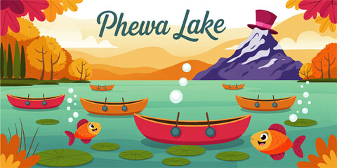 Colorful Cartoon Phewa Lake Landscape with Boats, Fish, Autumn Trees, Mountain and Hat, Fun Vector Illustration for Children