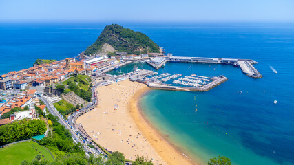 Getaria, basque country, spain, aerial view of the charming coastal town on a sunny summer day