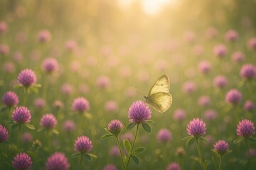 Beautiful wildflower meadow with colorful clover blossoms and butterfly in natural sunlight creating idyllic nature scene perfect for environmental content