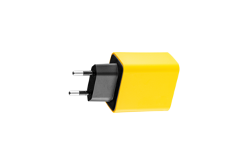 adapter for charger with USB and Type C connector, yellow, on isolated or white background close-up