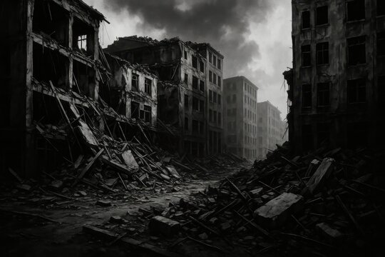 Dramatic terrorist attack simulation featuring destroyed skyscrapers in black and white creating powerful awareness imagery for emergency preparedness education