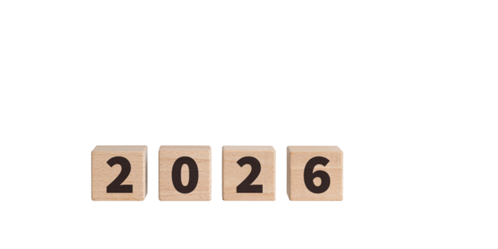 Wooden blocks with "2026" text on a white background are ideal for New Year decor. Their rustic charm adds a warm touch to festive or planning designs.