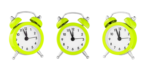 classic watch, pointer clock, green color alarm watch on isolated white background close up