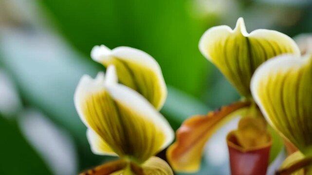 Close up of Paphiopedilum orchids showing the intricate details of the petals, sepals, and floral structures, exhibiting exotic beauty.