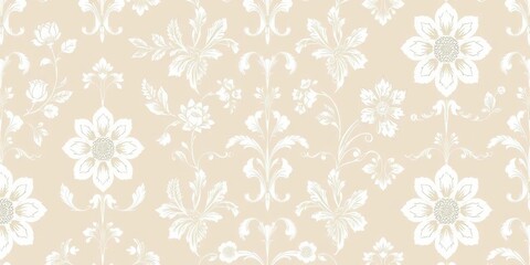 Fototapeta premium Delicate white floral damask, French vintage style, hand-drawn seamless wallpaper pattern for farmhouse decor, design element, french