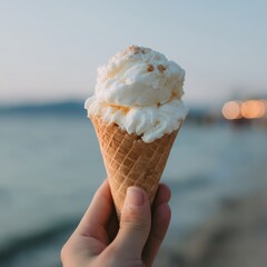 Vanilla ice cream cone in hand with a seascape sunset scene