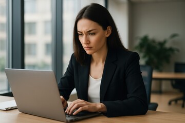 Professional female writer working intensively on laptop in modern office environment