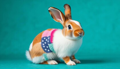 Patchwork-coated rabbit playfully poses against a teal textured backdrop ,  image,  charming