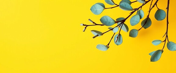 Minimalist line art eucalyptus twigs and leaves on yellow background , yellow, twigs