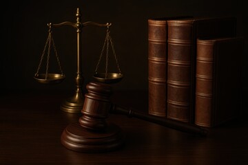 Legal justice concept featuring judge's gavel scales of justice and law books representing judicial system and legal profession authority