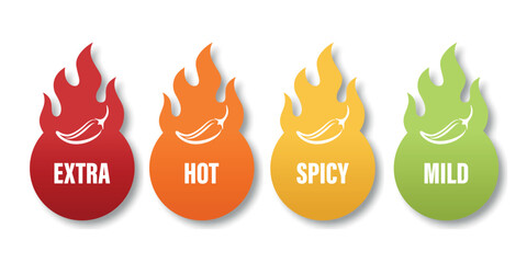 Vector Spicy Level Icons with Chili Pepper in Flame Shapes. Extra Hot, Hot, Spicy and Mild Labels for Food Packaging, Menu Tags, Sauce Labels or Restaurant Spiciness Indicator, Vector Set