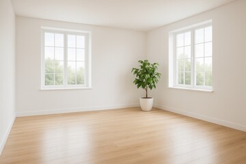 Modern empty white minimalist room interior featuring wooden flooring and single potted plant creating clean contemporary living space design