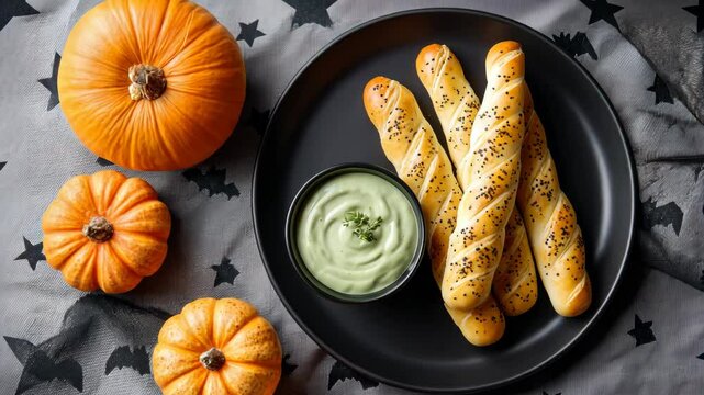 Autumn pumpkin and breadstick platter with herb dip on starry fabric for seasonal dining