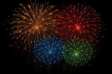 Spectacular nighttime fireworks celebration with brilliant colors bursting across dark sky creating festive atmosphere for special events and holidays