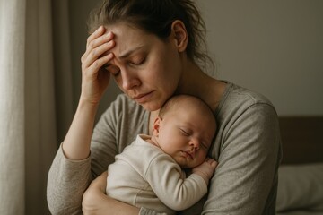 Young mother experiencing postpartum depression while tenderly holding newborn baby representing maternal mental health awareness and support needs