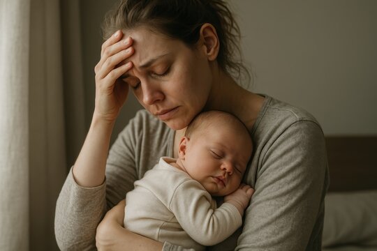 Young mother experiencing postpartum depression while tenderly holding newborn baby representing maternal mental health awareness and support needs - Powered by Adobe