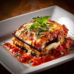 Delicious eggplant parmesan dish served with a fresh basil leaf. A culinary masterpiece that tantalizes the taste buds and evokes a sense of satisfaction.