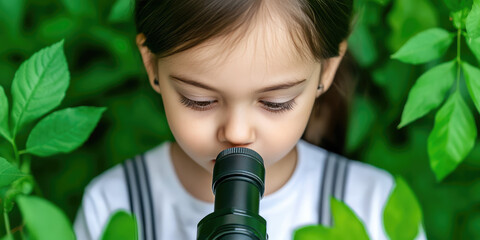 A child is peering through a microscope surrounded by green leaves. Curiosity and exploration in nature