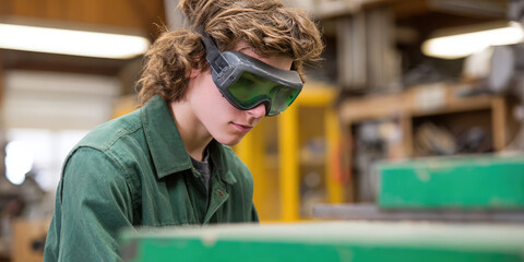 Young guy wearing green protective goggles works intently in a workshop setting. Working with focus and safety in an industrial environment