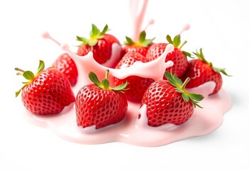 Pink chocolate strawberries, milk splash, white background ,  antioxidant,   high resolution