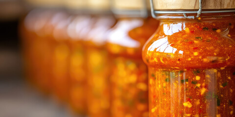 Jars filled with orange, chunky sauce are aligned closely together. Preserved condiment concept