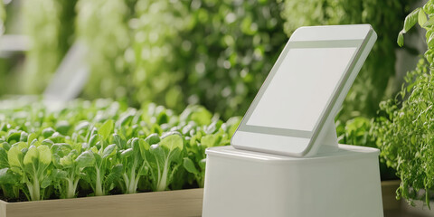 Tablet placed near a lush planter box filled with greens, under soft lighting. Concept: Technology meets sustainable gardening