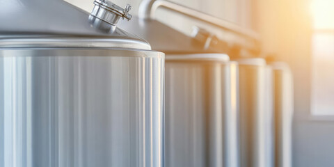 Large stainless steel tanks are aligned in a row, basking in warm sunlight. Industrial brewing equipment, shiny and symmetrical