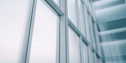 Obraz premium Large glass windows reflect soft light inside a modern building, emphasizing sleek architectural design. 