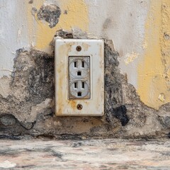 An old power outlet, mounted on a crumbling, yellow-painted wall. The outlet is weathered, showing signs of age and disrepair