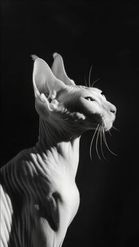 Portrait of a hairless sphinx cat with a focus on its face and whiskers. The cat is looking to the right, giving a sense of curiosity and attention.