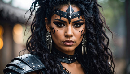 Fierce warrior woman with raven hair and striking makeup, adorned with sharp black spikes, exudes confidence and strength in her detailed armor. Her intense gaze captivates viewer