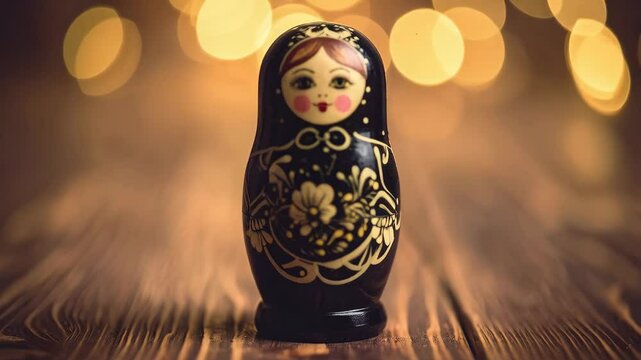 Close-up of a single wooden nesting doll with traditional designs and a painted face, set against a warm blurred bokeh background.
