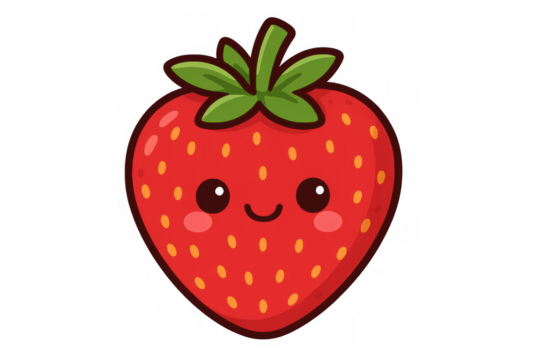 Kawaii strawberry character grinning with adorable expression, featuring playful cartoon-style face on clean