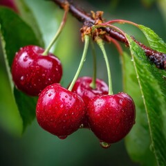 Fresh and ripe cherries on a branch with water droplets. Close-up of the fruit with green leaves
