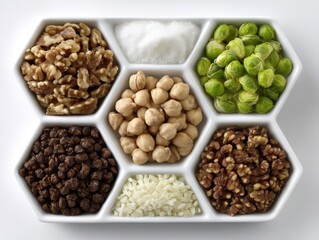 A visually appealing arrangement of assorted nuts and vegetables displayed in hexagonal sections showcases vibrant textures and colors promoting healthy eating and nutritious lifestyle choices