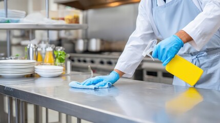 A person wearing gloves cleans a stainless steel kitchen counter with a spray bottle and cloth in a professional kitchen environment.