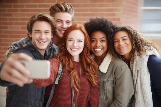 A group of young friends taking a selfie photo together at school, smiling and having fun while standing near the camera.