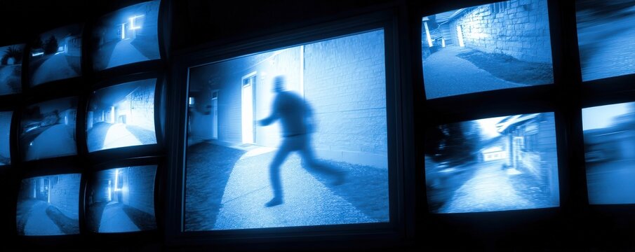 A series of surveillance monitors showing various night-time security camera footage, with one screen highlighting a blurred figure running.