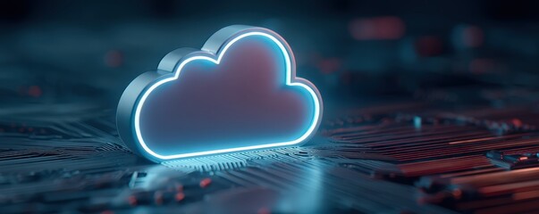 A glowing cloud icon resting on a circuit board signifies cloud computing and digital data storage technology.