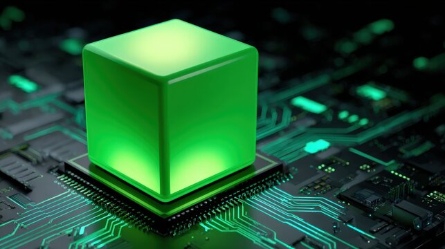 A glowing green cube sits on a microchip with intricate circuitry, symbolizing advanced technology and digital innovation.