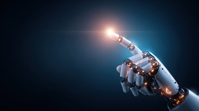 A futuristic robotic hand with illuminated fingertip reaches out, symbolizing technology, innovation, and artificial intelligence.