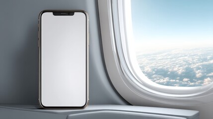 A smartphone with a blank screen stands on an airplane tray table next to a window showing a view of clouds and blue sky.