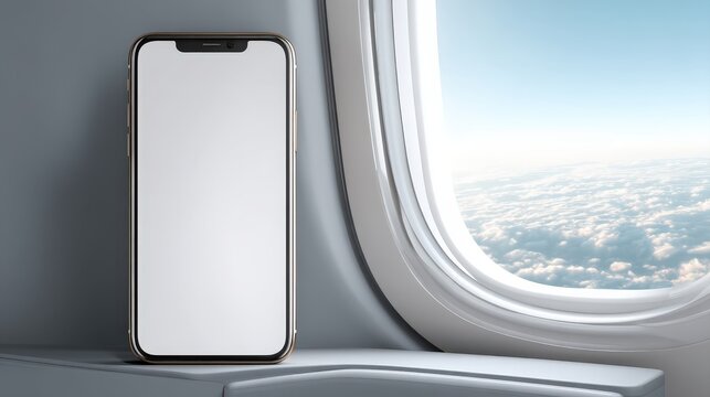 A smartphone with a blank screen stands on an airplane tray table next to a window showing a view of clouds and blue sky.