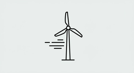 A simple line drawing of a wind turbine with wind blowing from the side on a plain white background